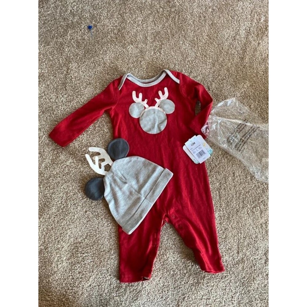 Disney Baby 12M Reindeer Mickey Romper Hat Set NWT